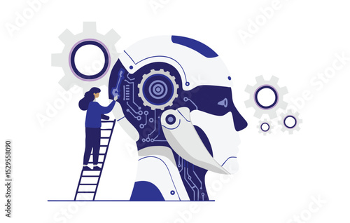 Flat Illustration AI Development – A Woman Configuring a Robotic Head's Internal Mechanisms with Gears and Circuitry, Machine learning, prompt engineer