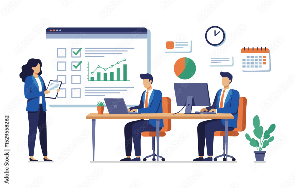 Flat Illustration Business Team Meeting, Project Presentation, Data Analysis, Strategic Planning, Workflow Collaboration Flat Illustration Business Team Meeting, Project Presentation, Data Analysis, Strategic Planning, Workflow Collaboration