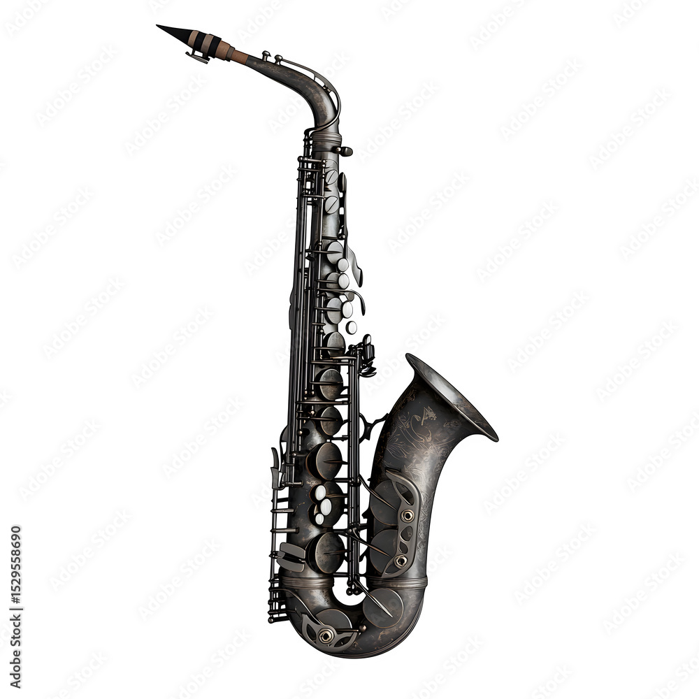 Obraz premium a hyper-realistic alto saxophone held at with mouthpiece attached isolated on pure white background subtle soft shadow clean studio lighting ultra-high detail image stock render stock image 