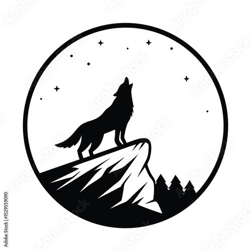 Silhouette of a wolf howling on mountain peak with stars above inside a circle