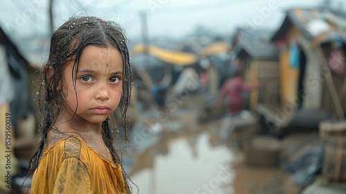 A young girl stands amidst a slum environment, her wet hair reflecting resilience despite the surrounding hardship, highlighting the plight of children in underprivileged areas.