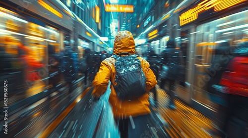 In a vibrant, snow-laden urban landscape, a person wearing an orange jacket rushes through a bustling street, capturing the essence of city life in winter's grip.