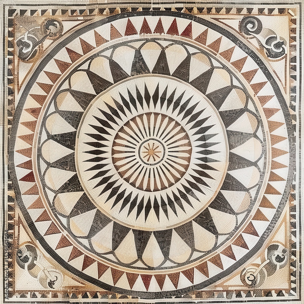 Obraz premium Intricate Roman-style circular floor mosaic with geometric patterns. AI-generated.