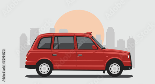 A red london taxi cab is shown in front of a city skyline and a large sun isolated on white background