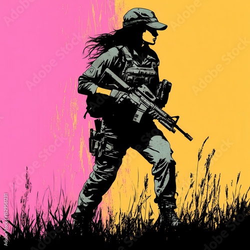 Female Soldier in Tactical Gear Moving Through Grass Against Bold Pink and Yellow Background