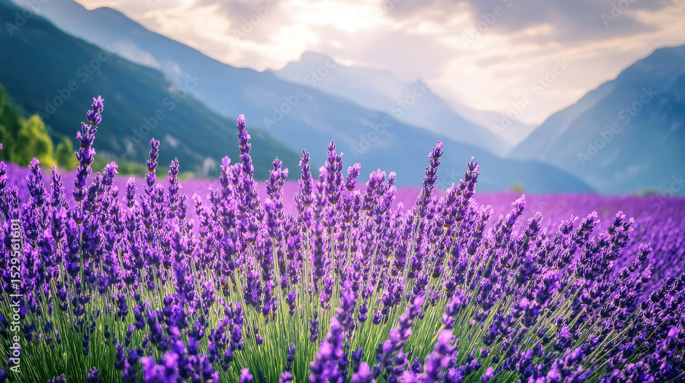 Fototapeta premium Lavender field blooming in a mountainous region during a sunny afternoon
