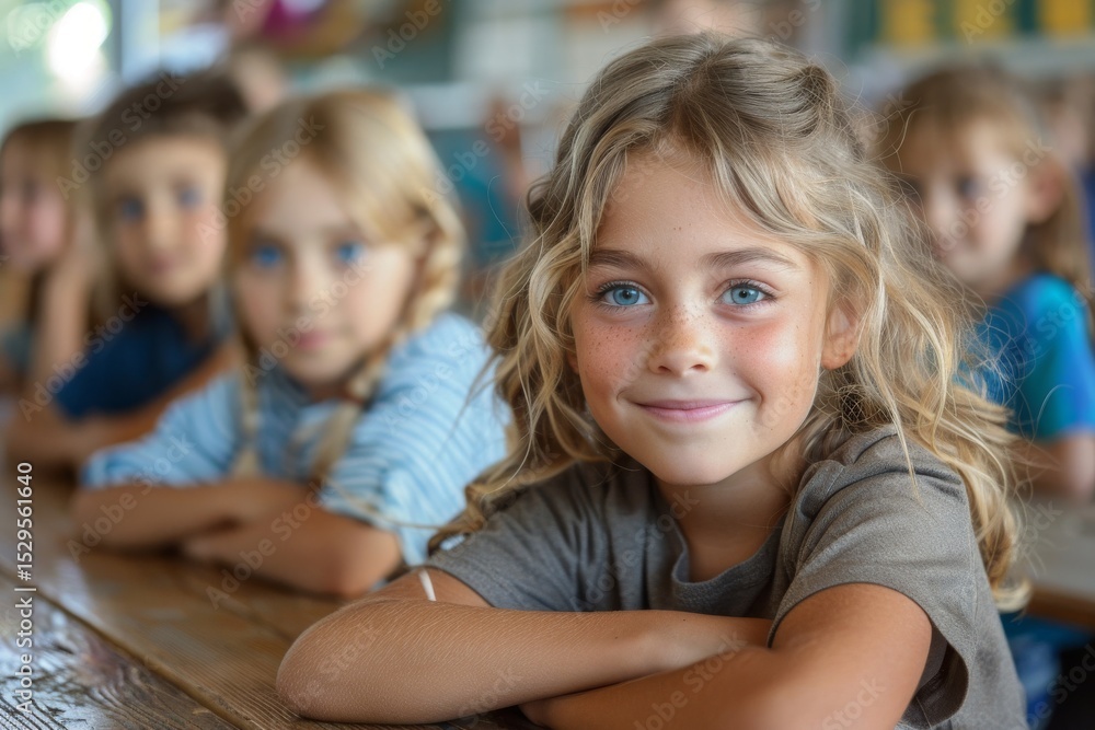 A joyful young girl sits at a classroom table with her friends, smiling brightly while contributing to an engaging educational environment filled with positivity and enthusiasm. A joyful young girl sits at a classroom table with her friends, smiling brightly while contributing to an engaging educational environment filled with positivity and enthusiasm.