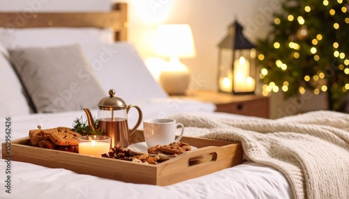 Midnight snacks concept. Cozy breakfast tray on a bed, illuminated by warm lights.
