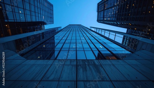 Skyscrapers' upward view reflective glass, sharp angles, blue hour light