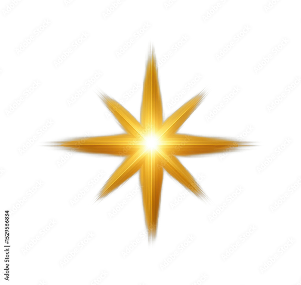 Fototapeta premium PNG Golden glowing star with radiating light beams on white background