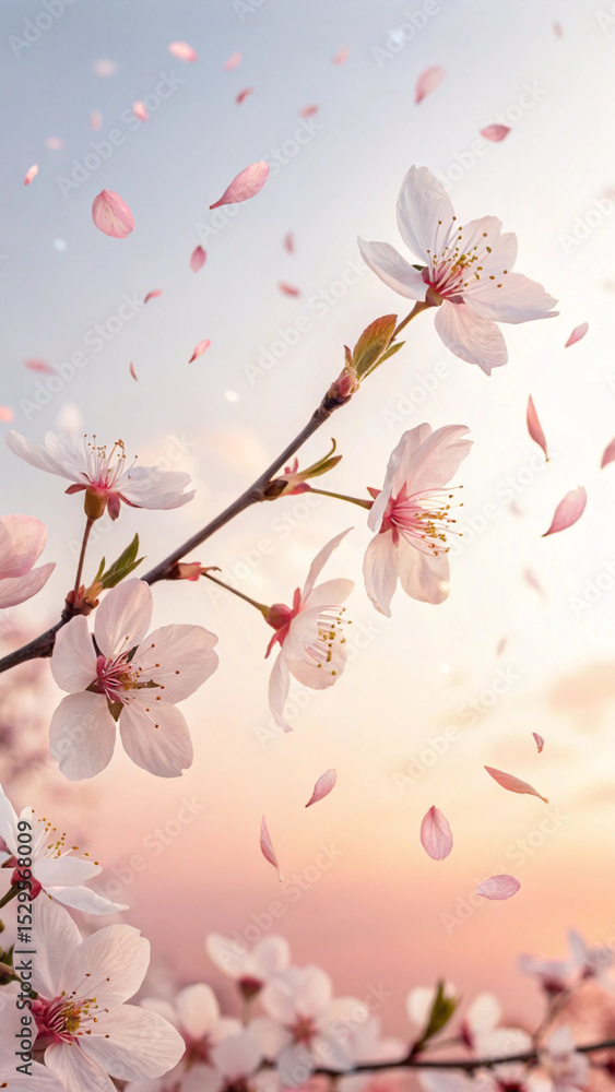 Fototapeta premium Delicate cherry blossom branch with falling petals against a soft pastel sky