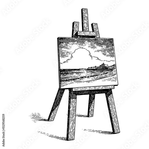 An Easel Stand Holding a Beach Scene Illustration on Canvas Black and White Outline Line Art Drawing