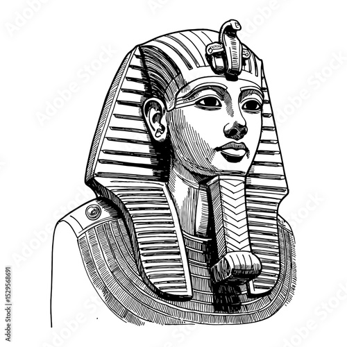 Ancient Egyptian Pharaoh Tutankhamun Statue Bust Black and White Outline Line Art Drawing