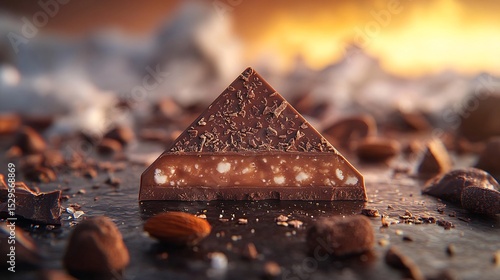 Toblerone bar half unwrapped showing iconic triangular peaks with almond nougat inside set against a cozy background with warm light enhancing the rich chocolate tones