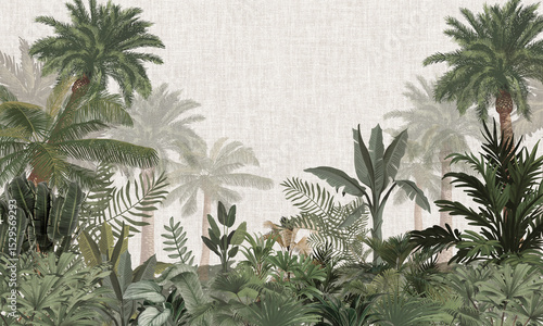 Subtle Nature Wall Mural: Faded Green Exotic Plants Background for Calm Interiors