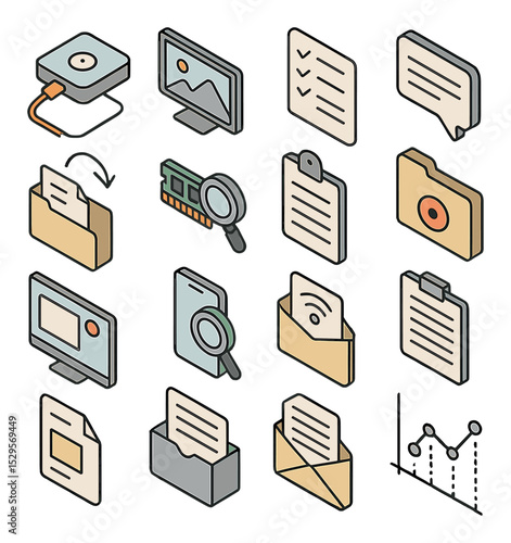 Evidence collection methods isometric set. disk image tool, screenshot capture icon, file integrity checker, chat transcript sheet, deleted file recovery
