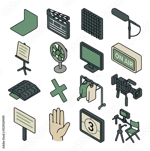 Production environment details isometric set. green screen floor mat, scene number clapperboard, soundproof foam panel, ambient mic on boom, script page on