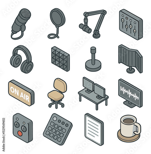 Podcast studio setup isometric set. dynamic microphone, pop filter screen, boom arm stand, audio mixer panel, over-ear headphones, soundproof foam panel.
