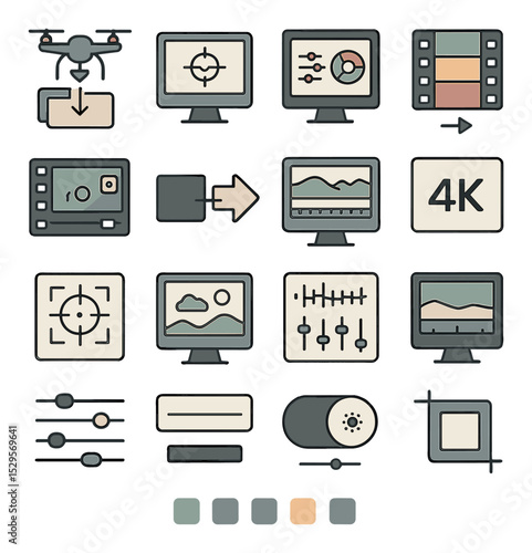 Post-production workflow isometric set. drone footage import icon, frame stabilization tool, color correction panel, cinematic LUT icon, slow motion editor