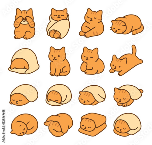 Sleepy cat poses isometric set. cat with paws over eyes, cat upside-down in blanket, cat wrapped like a burrito, cat flopped sideways, cat snout buried in