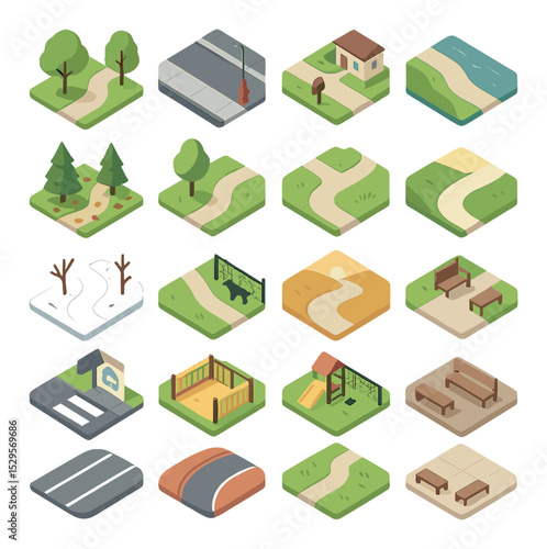 Environments for walking isometric set. park path with trees, city sidewalk with hydrant, suburban street with mailbox, riverside trail, forest path with
