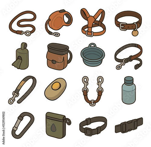 Dog walking gear isometric set. standard leash, retractable leash, harness with chest pad, collar with name tag, poop bag dispenser, treat pouch.