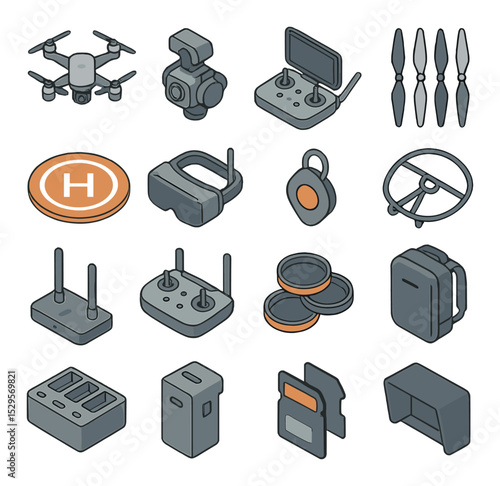 Drone equipment and gear isometric set. quadcopter drone, camera gimbal, drone controller with screen, spare propeller set, landing pad, FPV goggles, GPS