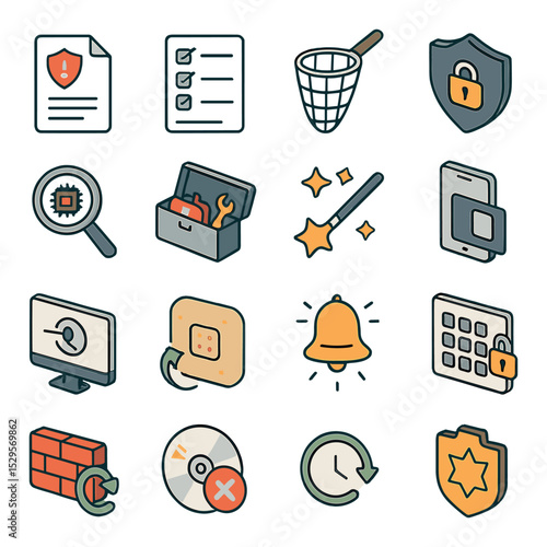 Response and containment isometric set. security incident report file, breach response checklist, threat containment net, system lockdown shield, forensic