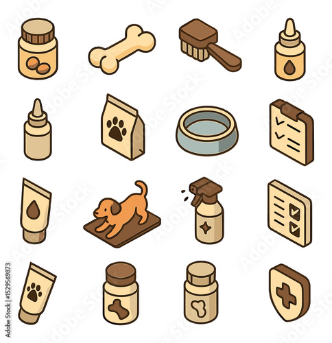 Pet wellness care isometric set. multivitamin bottle, dental chew bone, grooming brush, allergy relief drops, deworming tablet, ear cleaning fluid, healthy