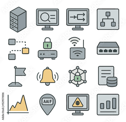 Network surveillance environment isometric set. server rack unit, packet analyzer screen, DNS request viewer, network topology map, data packet trail.