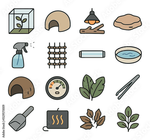 Desert and rainforest setups isometric set. glass terrarium with vines, humid hideout, heat lamp above branch, basking rock, mist sprayer, climbing net.