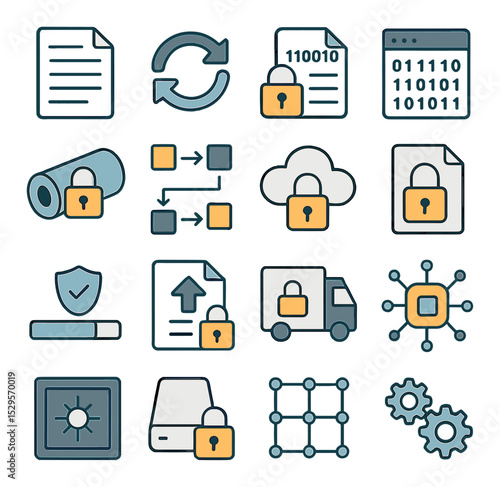 Data encryption process isometric set. plaintext document, transformation icon, encrypted file, ciphered code window, data tunnel with padlock.