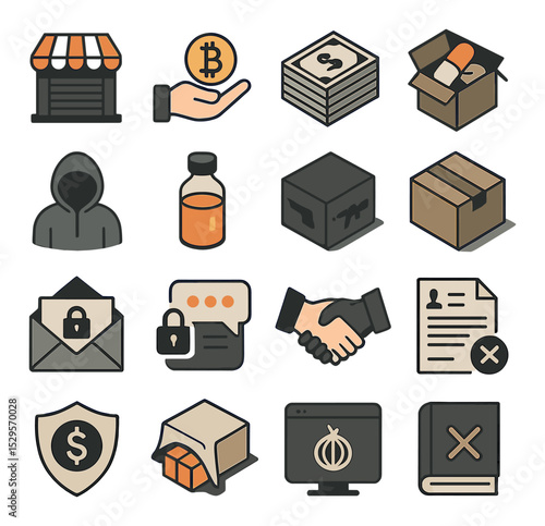 Darknet marketplaces isometric set. closed storefront, payment in crypto, counterfeit money stack, illicit goods box, anonymous seller avatar, drug vial.