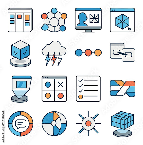 Immersive productivity apps isometric set. virtual Kanban board, mind mapping orb, AI co-creator screen, 3D model editor, live voting cube, interactive