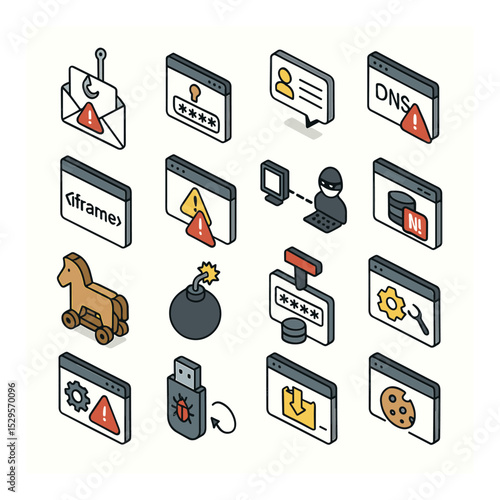 Digital infiltration methods isometric set. phishing email alert, keylogger window, social engineering message, spoofed domain sign, hidden iframe tag.