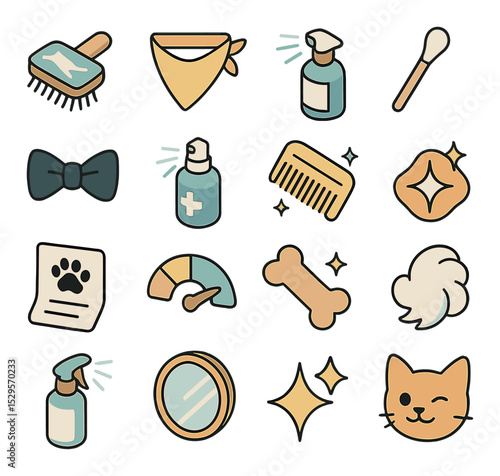 Post-groom care isometric set. silky coat brush, fresh bandana, coat conditioning spray, clean ear swab, stylish bow tie, breath freshening spray, flea