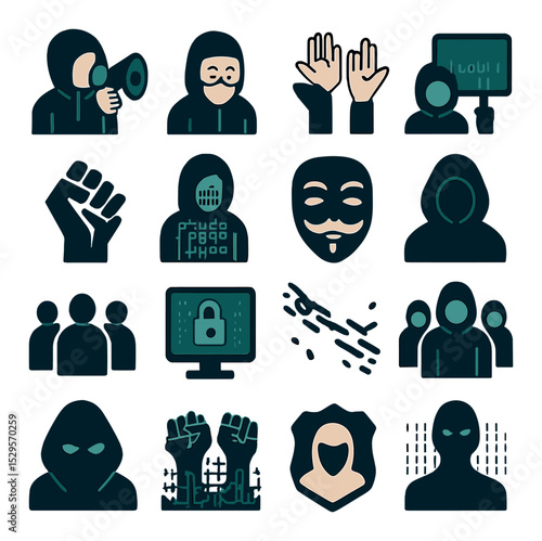 Cyber protest visuals isometric set. hooded speaker with megaphone, masked protester icon, anonymous hands raised, figure with banner and code, digital