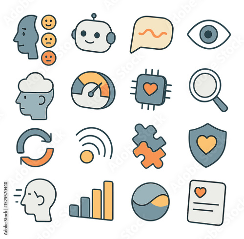 Emotional intelligence support isometric set. mood recognition icon, empathy bot face, tone analysis bubble, nonverbal cue tracker, mental load indicator.