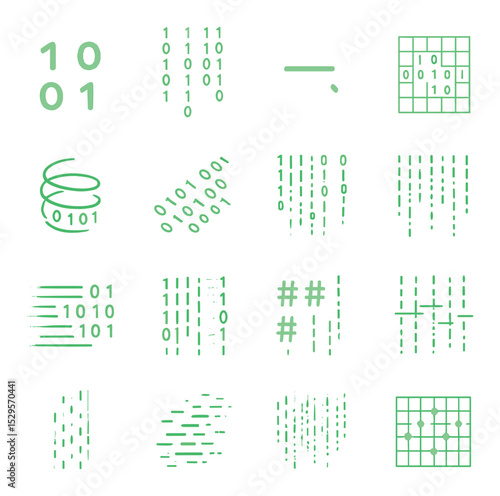 Green code stream symbols isometric set. glowing binary digits, vertical falling characters, blinking green cursor, matrix grid pattern, neon code spiral.