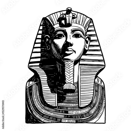 Ancient Egyptian Pharaoh Statue Bust Black and White Outline Line Art Drawing Woodcut Engraving Style