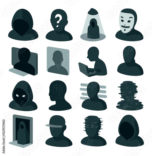 Anonymous silhouette themes isometric set. hooded figure in shadow, faceless person with question mark, cloaked figure under light, anonymous figure with