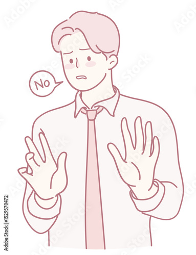 A cartoon character prominently displays a clear no gesture, which emphasizes refusal and hesitance effectively
