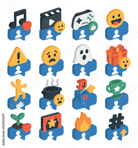 Types of content reactions isometric set. reacting to music video, reacting to movie scene, reacting to game clip, reacting to meme compilation, reacting