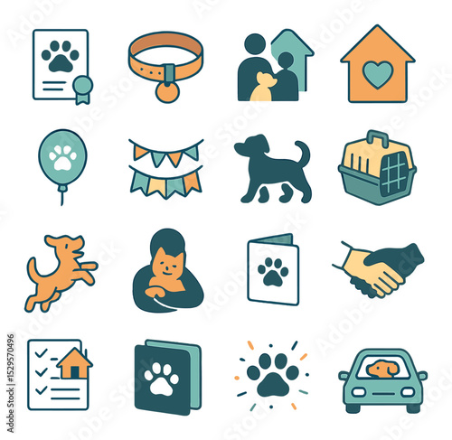 Adoption success symbols isometric set. paw print certificate, new collar with tag, family and pet silhouette, home with heart door, adoption day balloon.