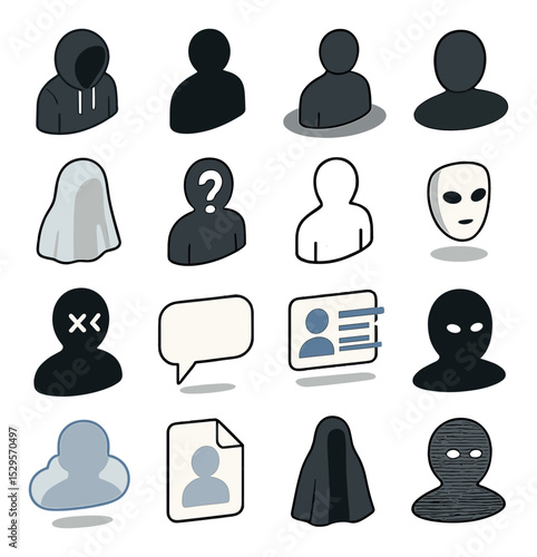 Symbolic representations of anonymity isometric set. headless hoodie icon, void-filled human outline, shadow with no reflection, glitched presence icon.