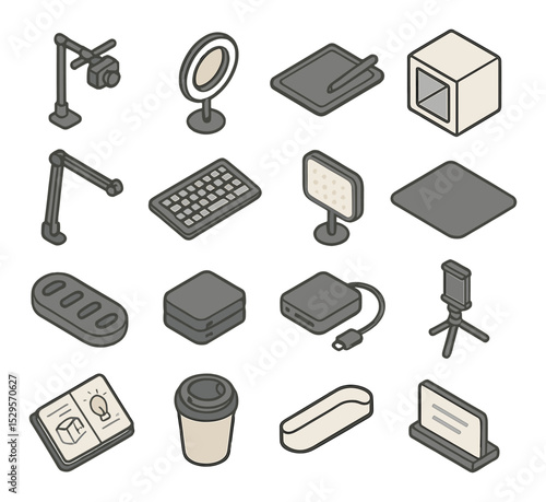 Content creator desk setup isometric set. overhead camera rig, desktop ring light, tablet with stylus, photo lightbox cube, top-down mount arm, keyboard