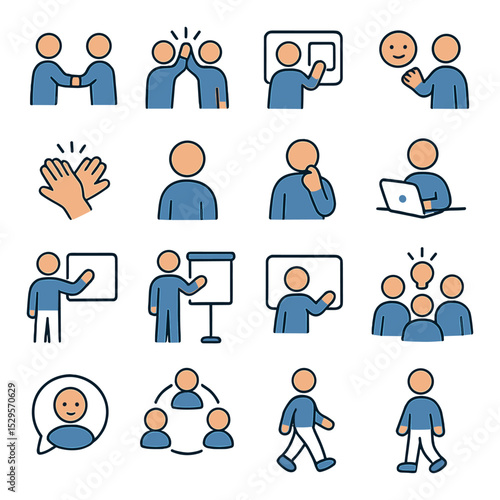 Avatar interactions isometric set. avatar handshake, high-five animation, shared screen gesture, emoji expression wave, applause icon, nodding avatar loop.
