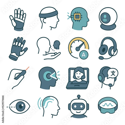 Skill augmentation isometric set. AI-enhanced hand, neural interface band, digital memory booster, voice assistant orb, exoskeleton glove, skill transfer