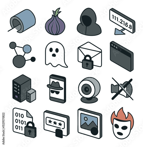 Cyber anonymity tools isometric set. VPN tunnel, onion router, cloaked user profile, IP address spoof, obfuscated network map, ghosted chat bubble.