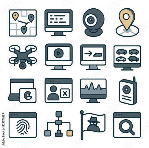 Surveillance and tracing tech isometric set. IP trace route map, keystroke monitor feed, webcam hijack icon, geo-IP tag bubble, drone surveillance feed.